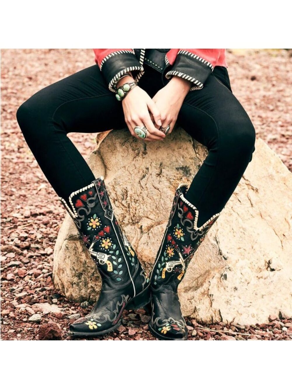 Women's Black Swallow Chunky Low Heels Western Cowboy Knee High Boots - Picture 4 of 6